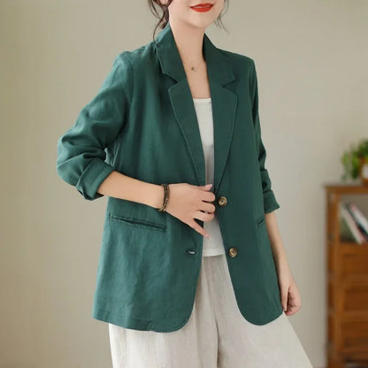 Blazer d'été à manches longues en coton et lin d'inspiration vintage avec col à revers