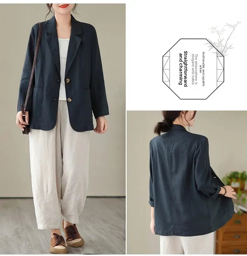 Blazer d'été à manches longues en coton et lin d'inspiration vintage avec col à revers