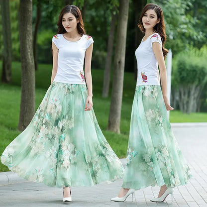 High Waist A-Line Print Chiffon Skirt