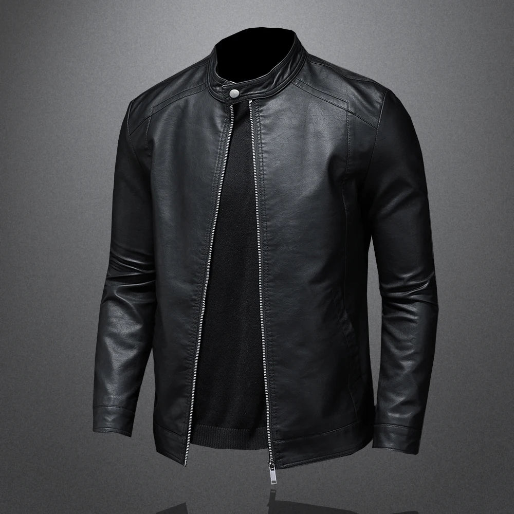 Men's Slim Fit Stand Collar Leather Jacket