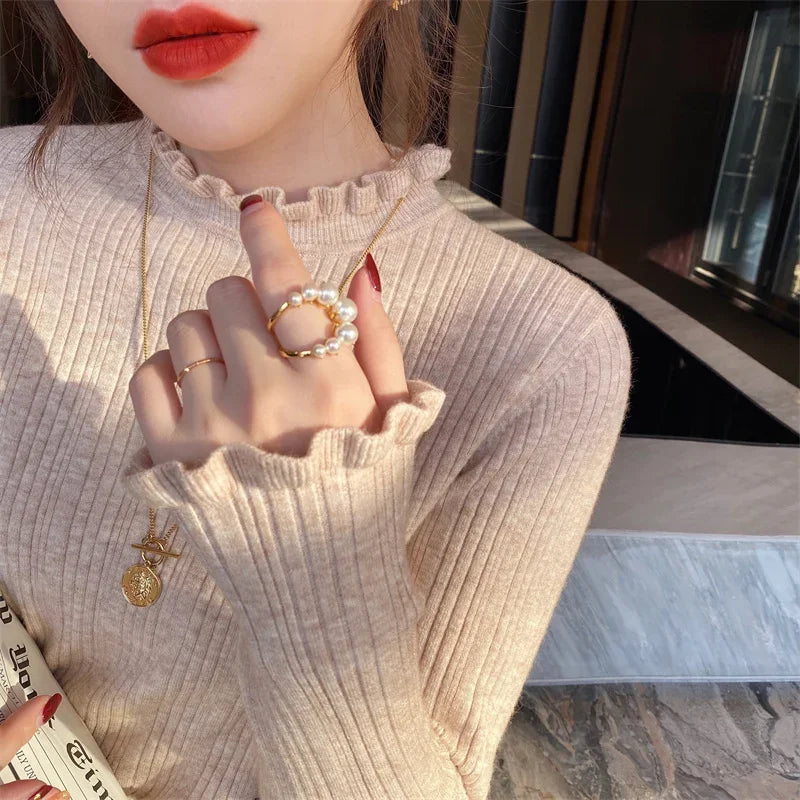 Long Sleeve Slim Elastic Knitted Women's Mock Neck Sweater
