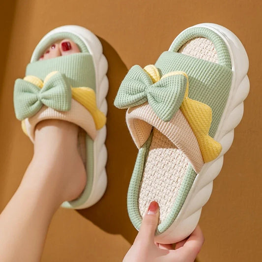 Comfy Linen Indoor Slippers with Cute Bowknot