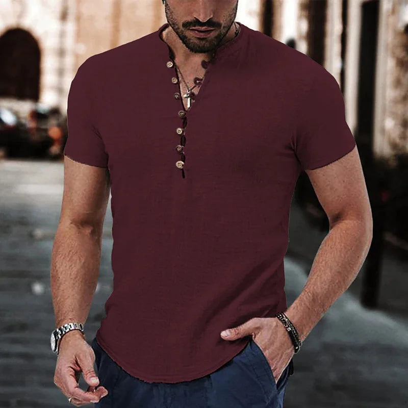 Men's Short Sleeve T Shirt - V neck Cotton Linen Tops