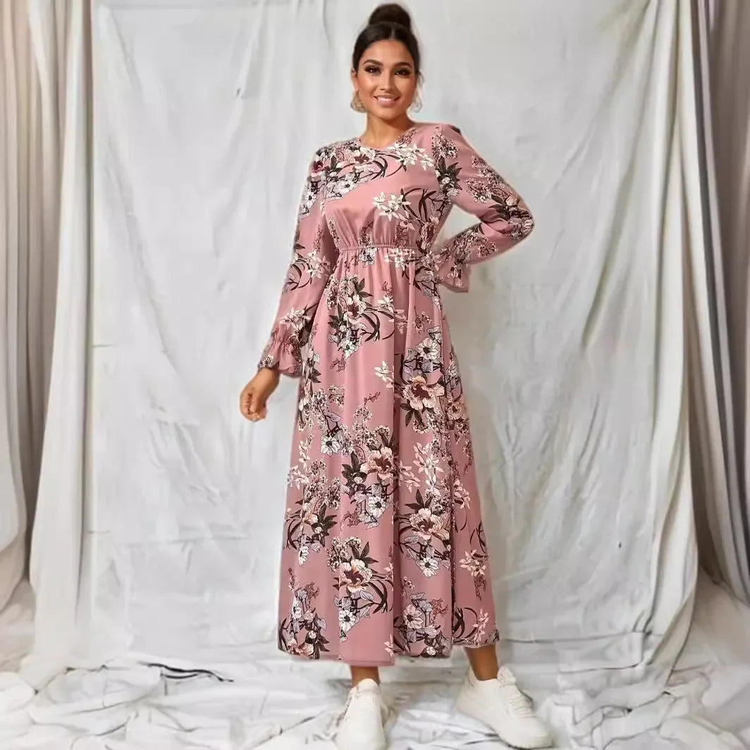 Women Maxi Dresses - Casual Full Sleeve Floral Printed O-neck Woman Bohe Beach Party Long Dress