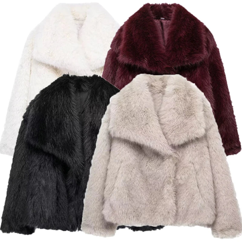 TRAF Winter Faux Fur Coat 2024 Woman New in coats Autumn Fur Plush Fluffy Jacket Warm Red Gray Black White Fur Coat Outerwears