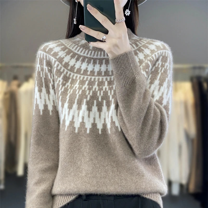 Pull jacquard en laine mélangée pour femme : style cosy