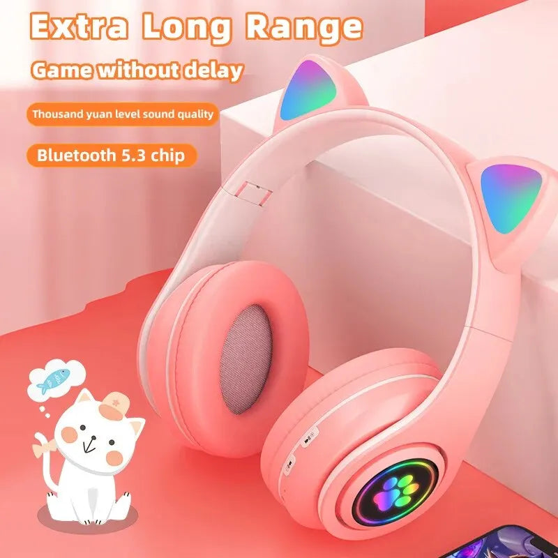 P91H Cute Cat Ears BT Wireless Headphone - Com Mic E Flash Light Capacity LED Headset