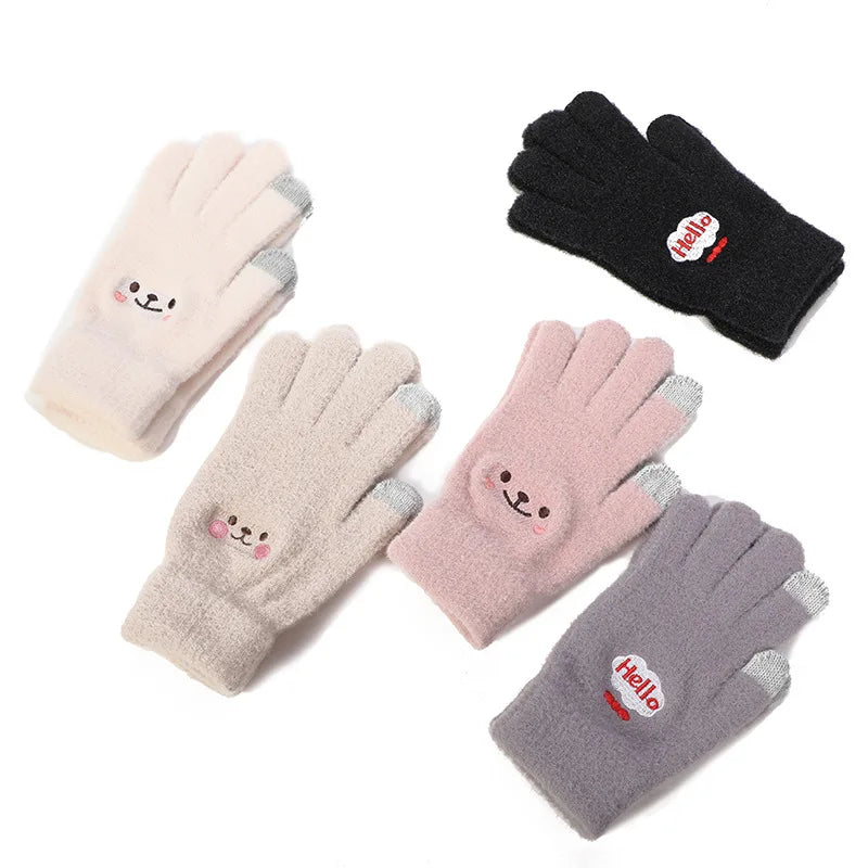 Smiley Bear Embroidered Touchscreen Gloves for Women