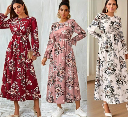 Women Maxi Dresses - Casual Full Sleeve Floral Printed O-neck Woman Bohe Beach Party Long Dress