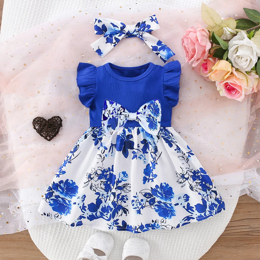 Baby Girls Ruffled Sleeve Cute Floral Printed Bow Knotted Dress