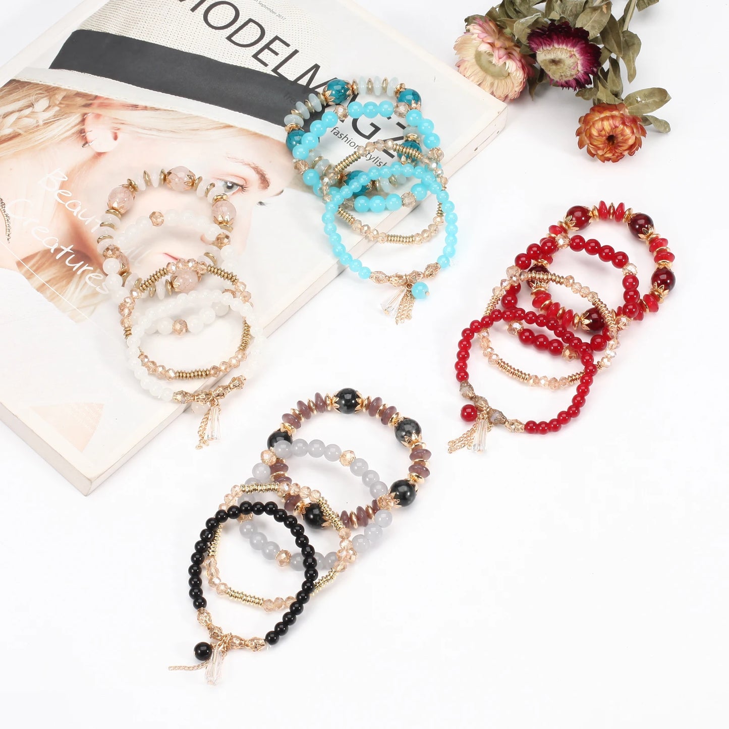 Multilayered Stackable Bead Bracelets for Women's