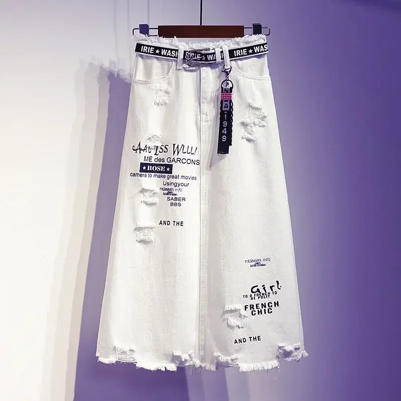 White Denim Letter Print Long Skirt