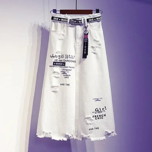 White Denim Letter Print Long Skirt