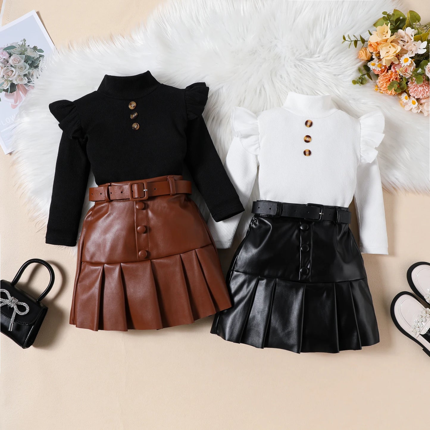 Girls' Ruffle T-Shirt & Leather Skirt Set