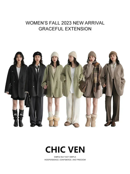 Loose Double-Breasted Woolen Coat for Women