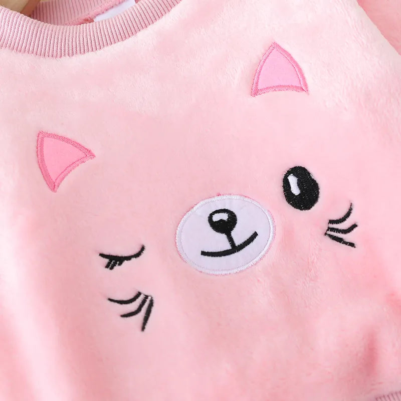 2PCS Autumn & Winter Cat Embroidered Kids Long Sleeve