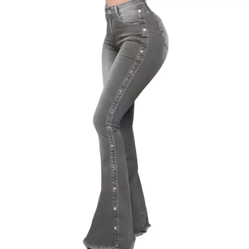 Chic Flared Jeans with Studded Buckle Detail