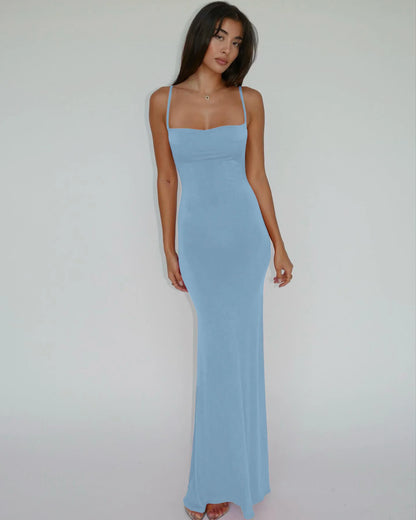 Schwarzes Maxi-Partykleid mit eckigem Kragen