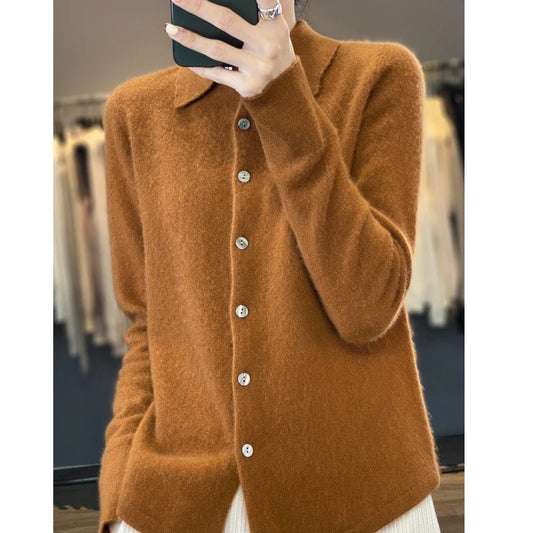 Cardigan à col polo en laine mérinos pour femme