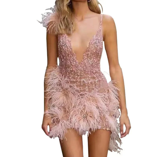 Feather Halter Cocktail Party Gown