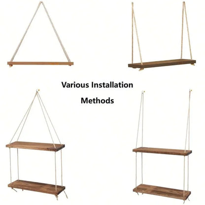 1PC Wooden Swing Hanging Hemp Rope Wall Shelves Mounted Floating Home Living Room Plant Flower
