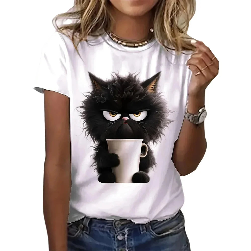 Funny Cat Summer White Short Sleeve O Neck Top Print T-shirt