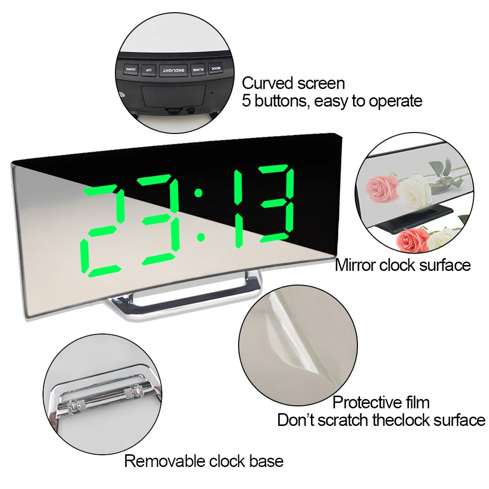 LED Digital Alarm Clock for Kids with Curved Mirror Screen & Snooze Function