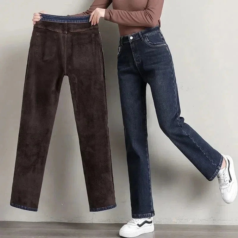 New Winter Classic High Waist Fleece Jeans for Women