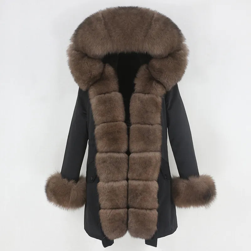 Parka longue pour femme avec col en vraie fourrure de renard