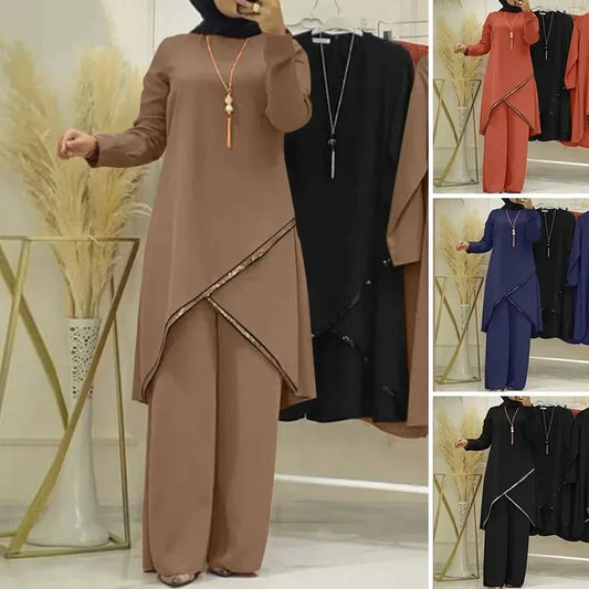 Women's Long Sleeve O-Neck Two-Piece Muslim Wide Leg Outfits