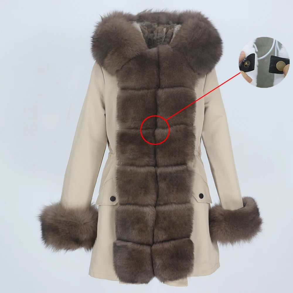 Parka longue pour femme avec col en vraie fourrure de renard