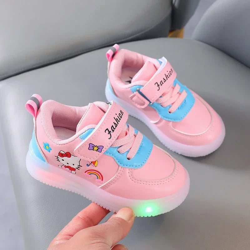 Spring Autumn Baby Girls Hello Kitty Led Light Shoes Children's Sneakers Toddler Anti-slip Walking Shoes Girls Outdoor Shoes