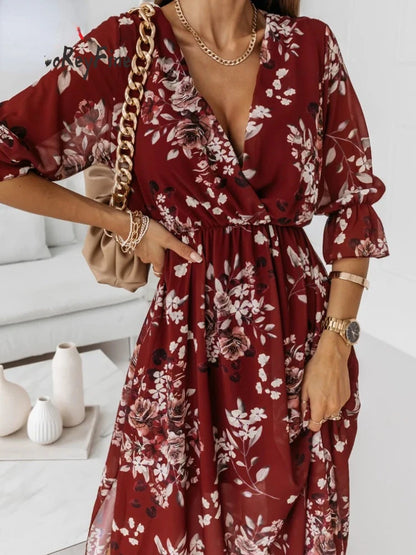 Elegant Floral Chiffon Maxi Dress