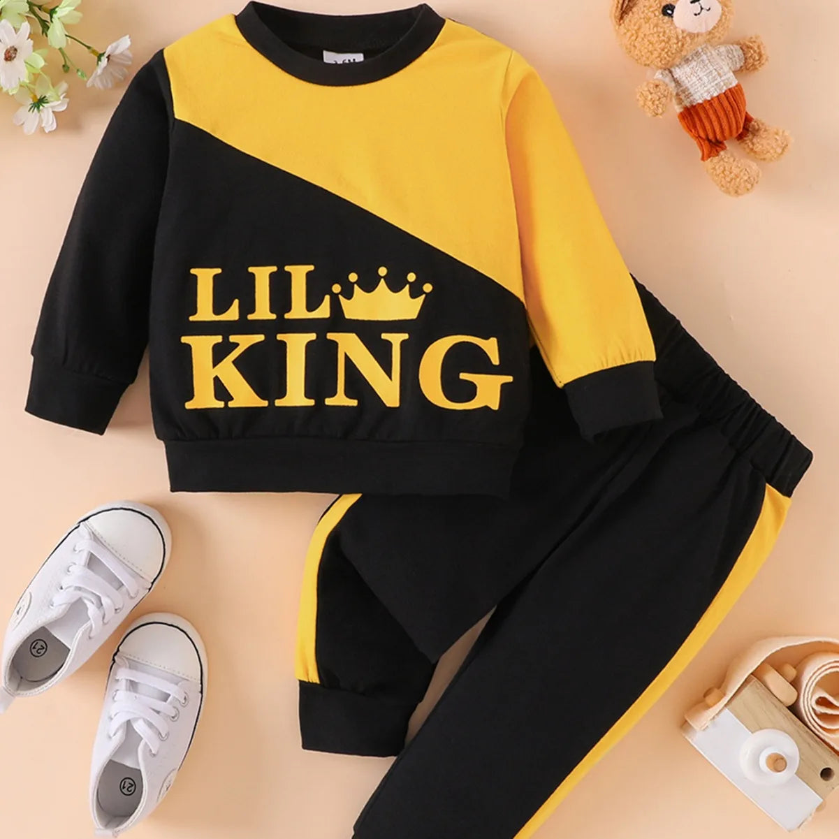 Crown Color Matching 2pcs Autumn Boys Long Sleeved - Pullover Baby Suit