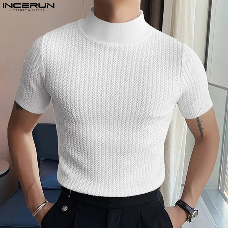 Solid Color Turtleneck Short Sleeve Men T Shirt