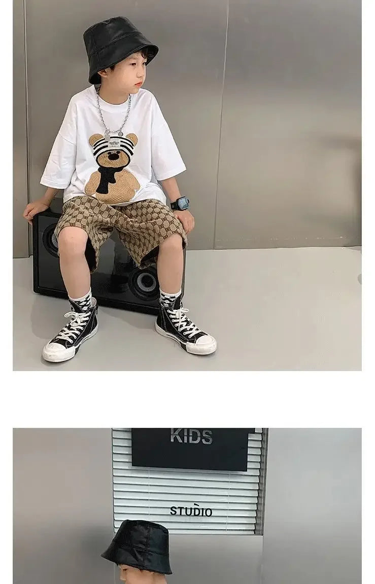 Baby Boy Cotton Embroidered Top with Brown Drawstring Pants