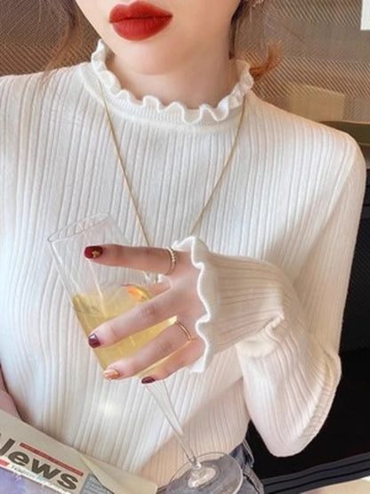 Pull à manches longues et col montant pour femme, tricoté élastique et fin