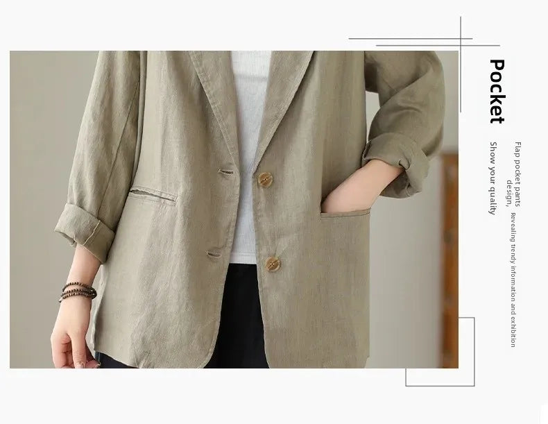 Blazer d'été à manches longues en coton et lin d'inspiration vintage avec col à revers