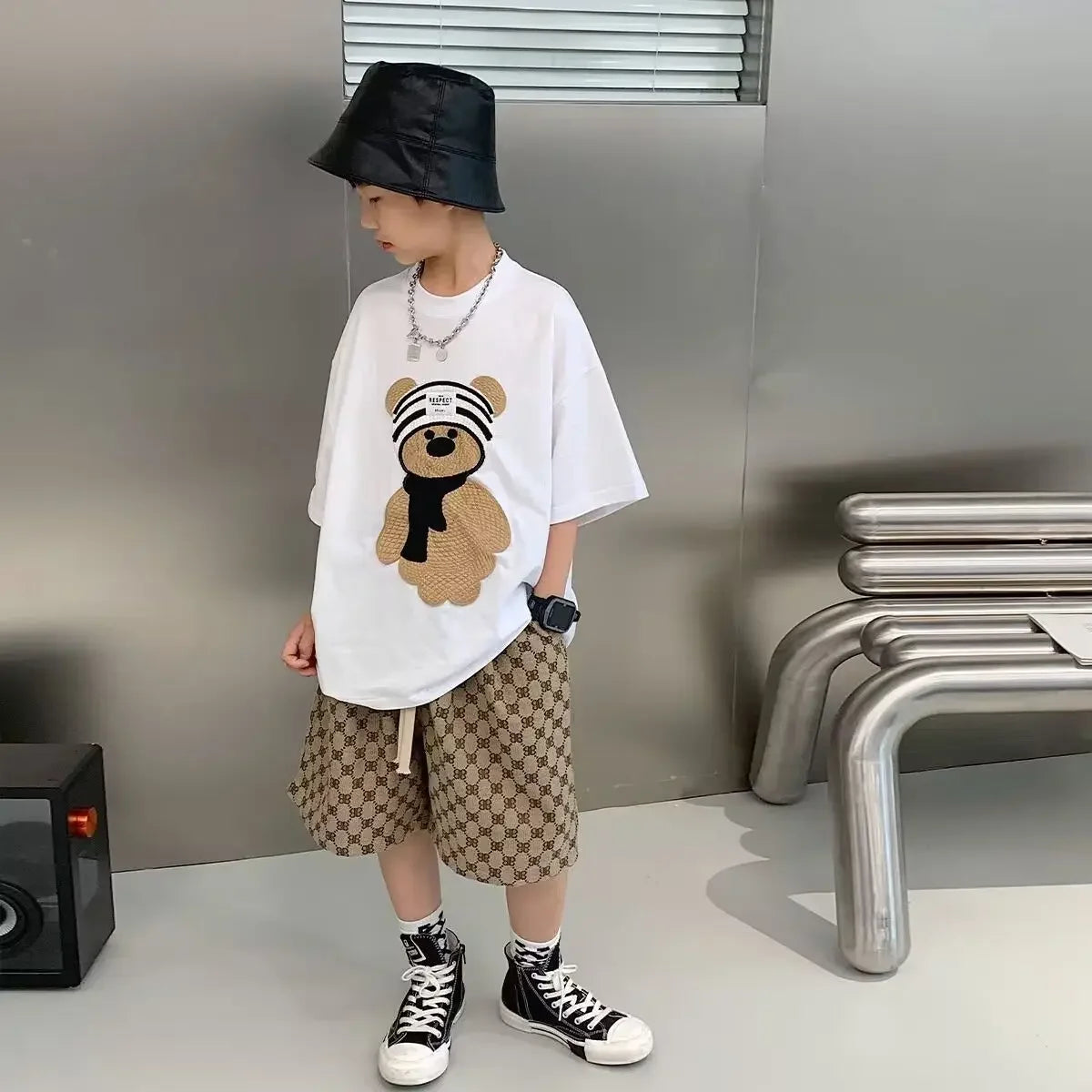 Baby Boy Cotton Embroidered Top with Brown Drawstring Pants