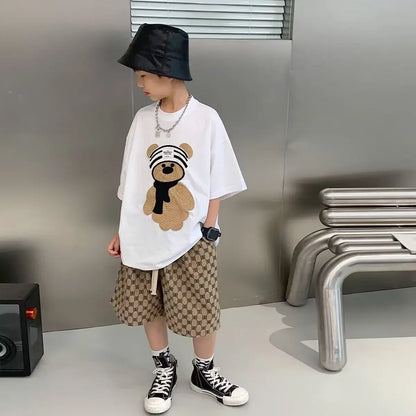 Baby Boy Cotton Embroidered Top with Brown Drawstring Pants