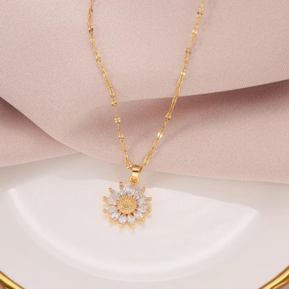 1PCS Gold-color Necklace Flower Pendant Inlaid Zirconia Titanium Steel Chain