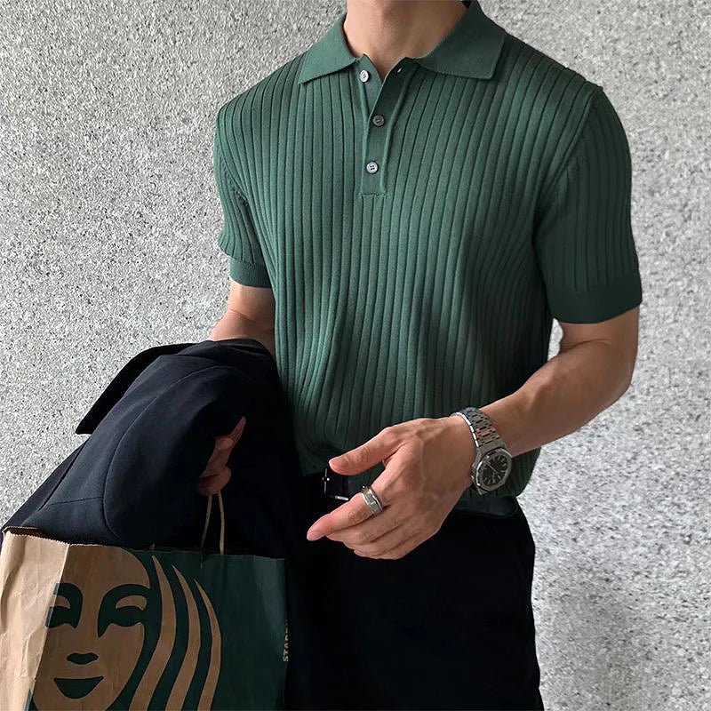 Men's Retro Knitting Lapel Stripe POLO T Shirt