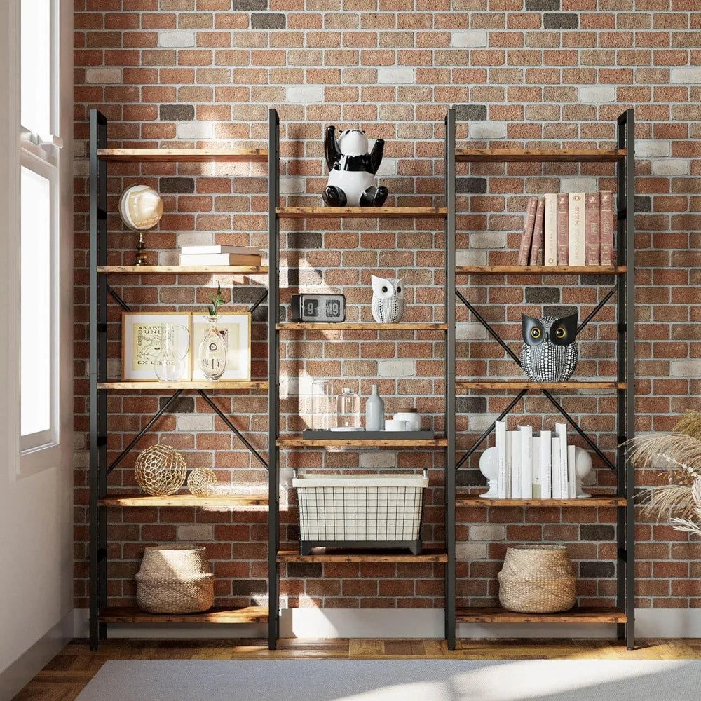 Triple Wide 5 Tiers Industrial Bookshelf - Open Display Metal Frame Shelves