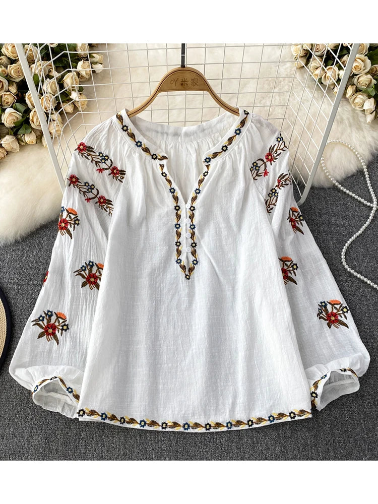 Autumn Flower Embroidered V-Neck Blouse