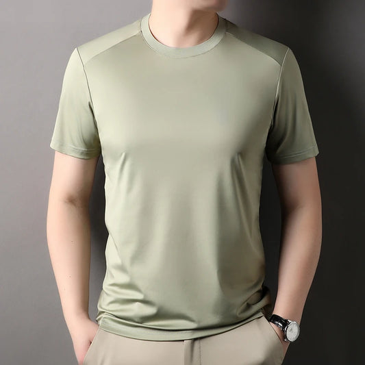 T-shirt à manches courtes et col rond en soie glacée pour homme, couleur unie
