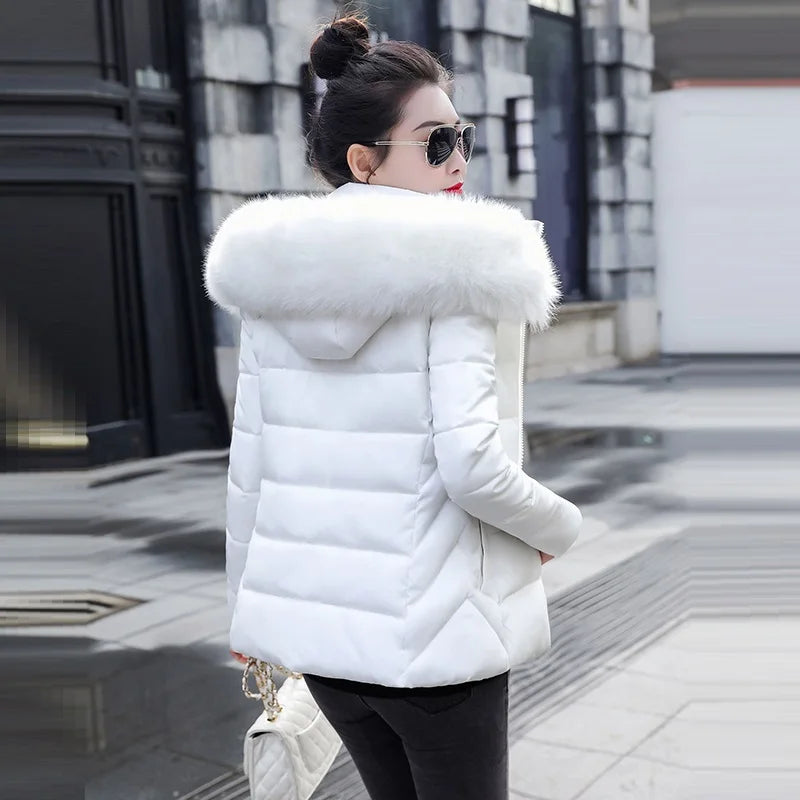 Stylish Black and White Women Winter Jacket with Big Fur Hood