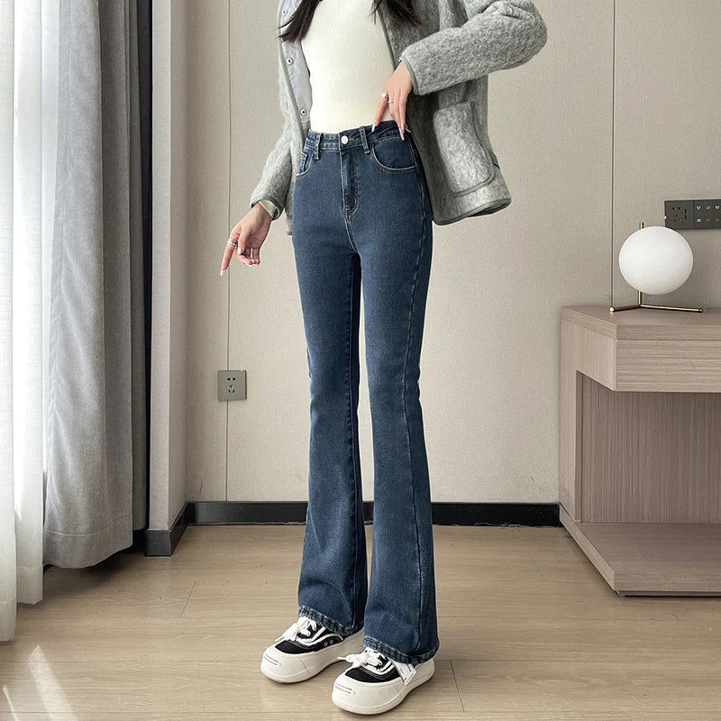 Plush Flared Jeans with Thermal Fleece for Women