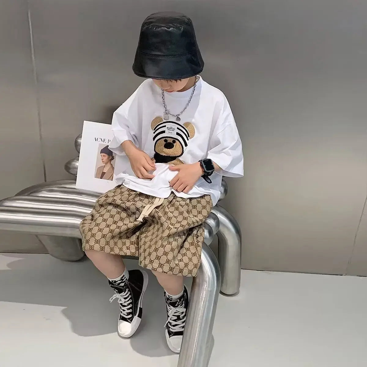 Baby Boy Cotton Embroidered Top with Brown Drawstring Pants