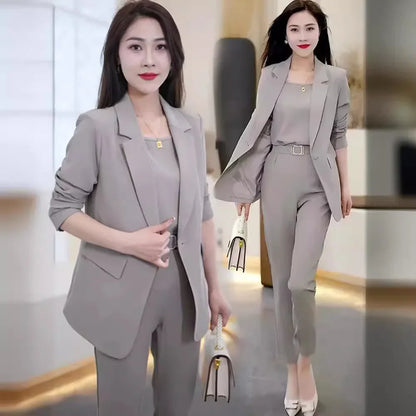 Women's Black Blazer and Wide Leg Pants Suit for Autumn Winter