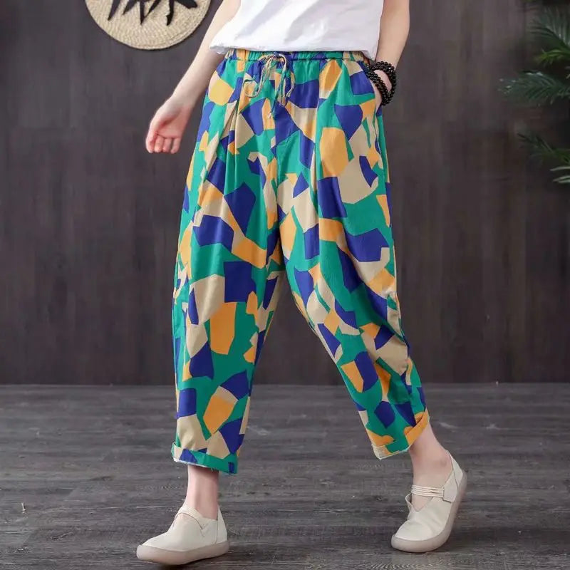 Retro Print Cotton Linen Harem Pants for Summer